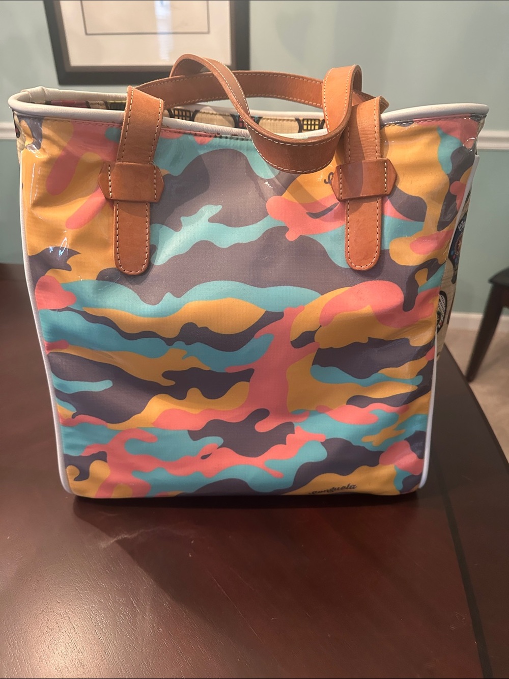 Consuela Multicolor Camo Tote with Brown Handles
